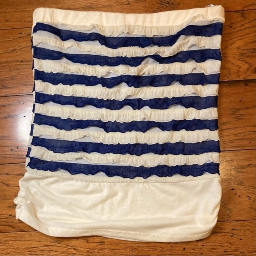 Blue And Off White Ruffle Strapless Top, Size M, NWT